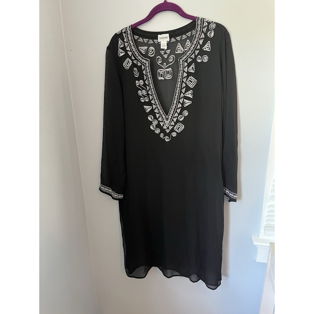 Chico's Women's Lightweight Semi-Sheer Cover Up Tunic Size 1 Black White Embroid - Picture 1 of 10